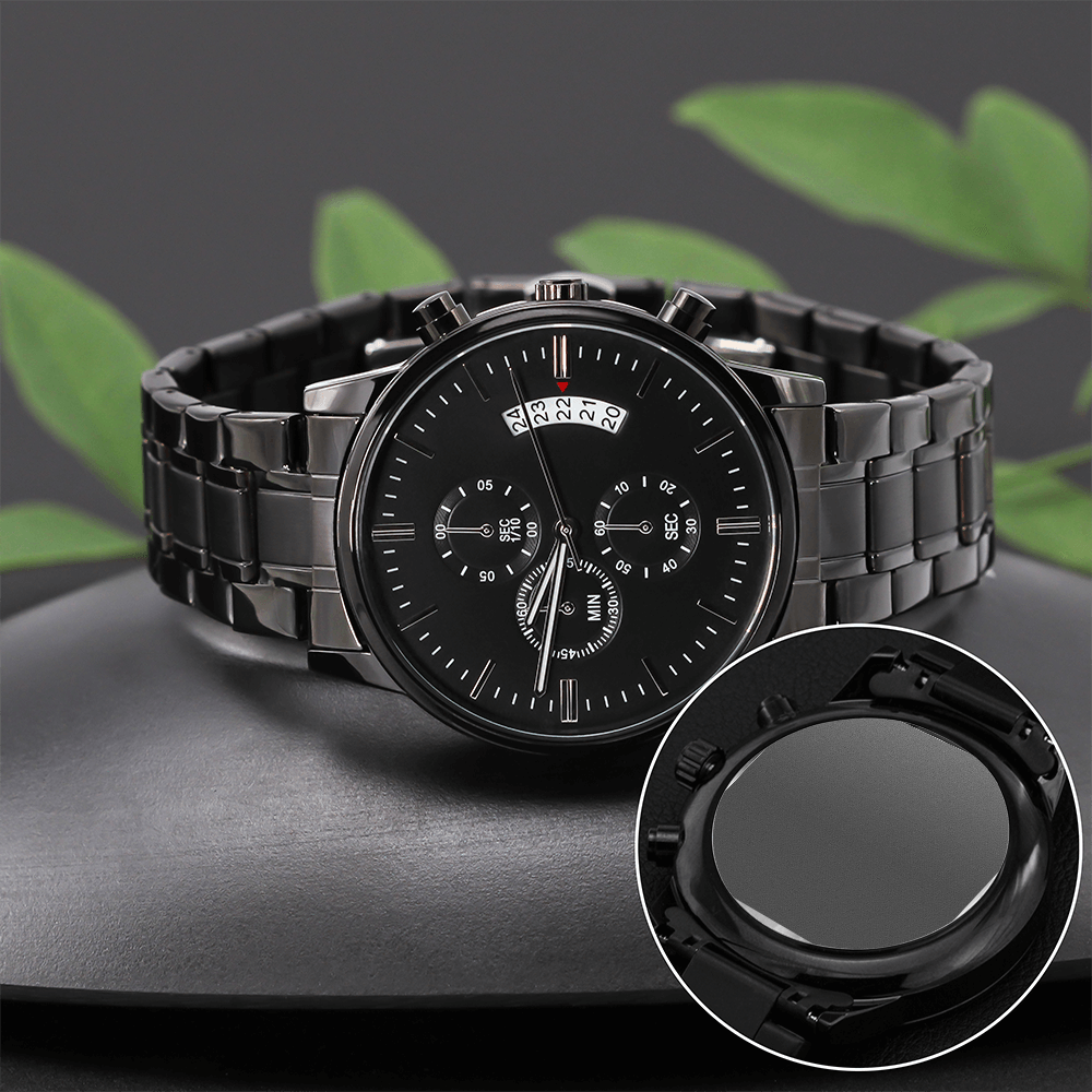 Black Chronograph Watch with Engraving