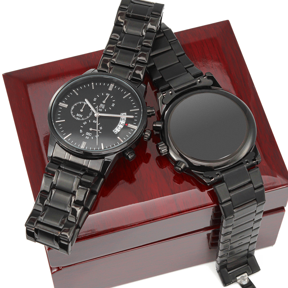 Black Chronograph Watch with Engraving