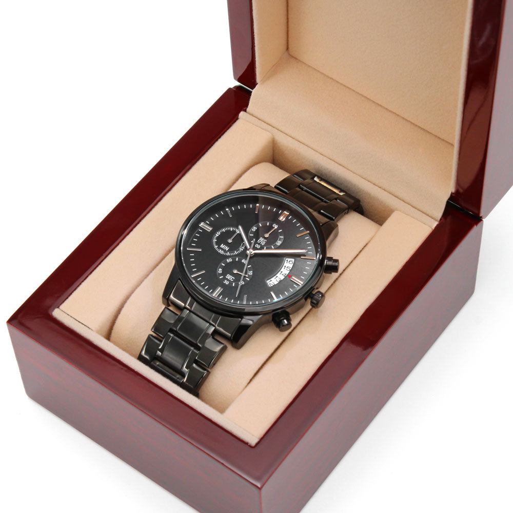 Black Chronograph Watch with Engraving