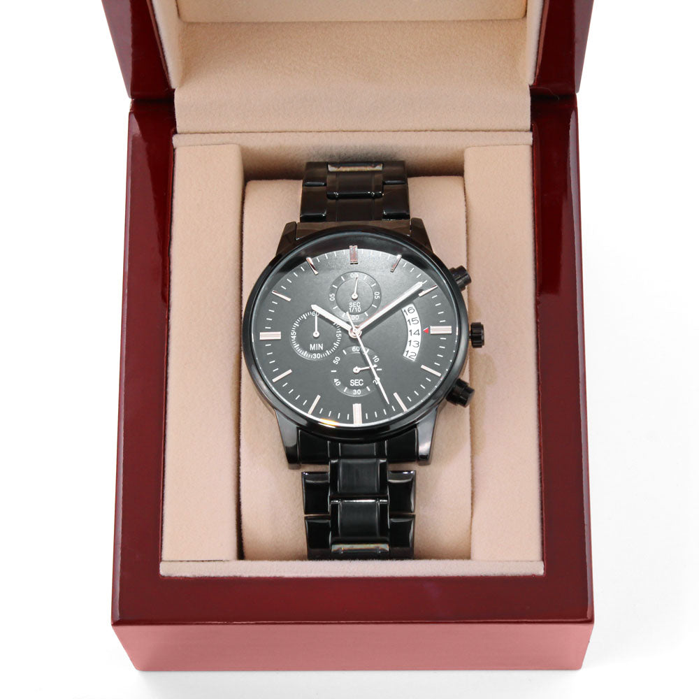 Black Chronograph Watch with Engraving