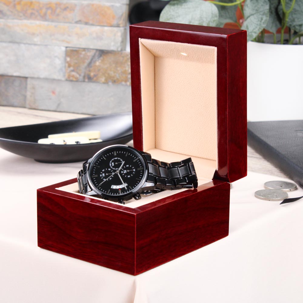 Black Chronograph Watch with Engraving