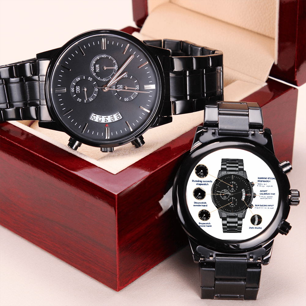 Black Chronograph Watch with Engraving